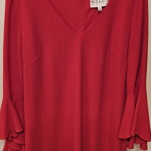 Nicole Miller Red V-Neck Tunic with Ruffle Sleeves